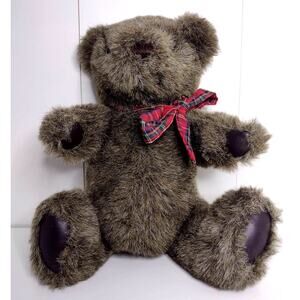 Vintage Gund 1982 12" Jointed Brown Plush Stuffed Teddy Bear Red Plaid Bow